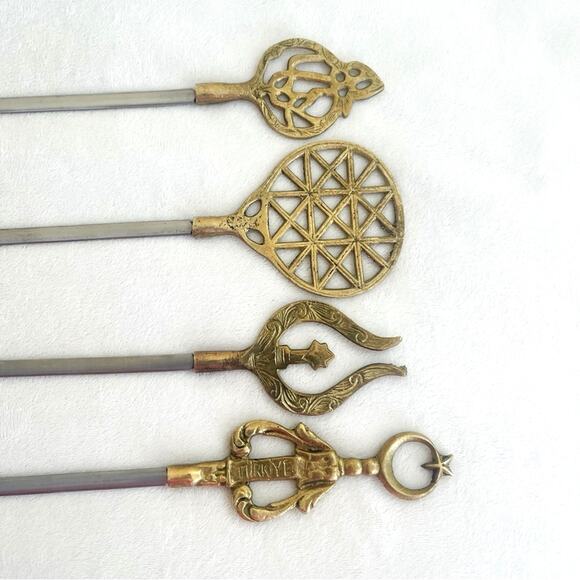 4 Vtg Turkish Greek Brass Steel Kebab Skewers Barbecue Grill Grilling Decorative - Picture 5 of 7